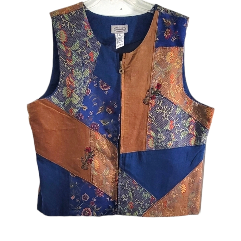 Stonebridge Brown Blue Denim Corduroy Color Block Floral Print‎ Vest Women’s  XL